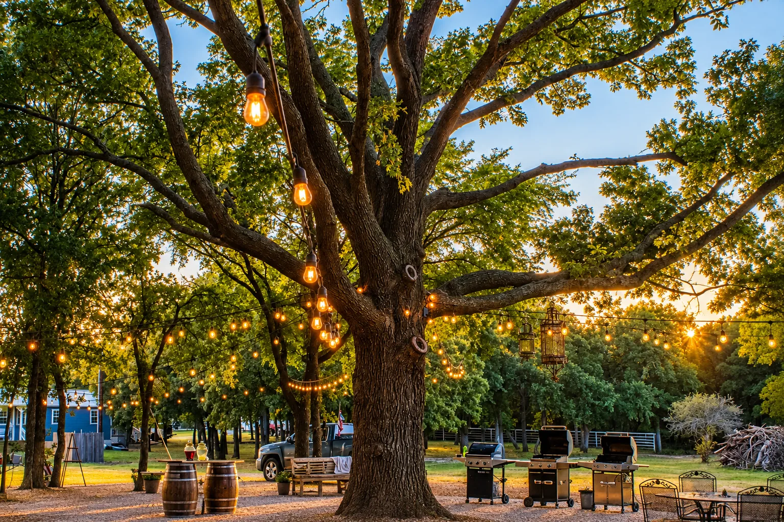 Bistro lights strung through a big oak over the grills and seating at Waterfront Hideaway Ranch
