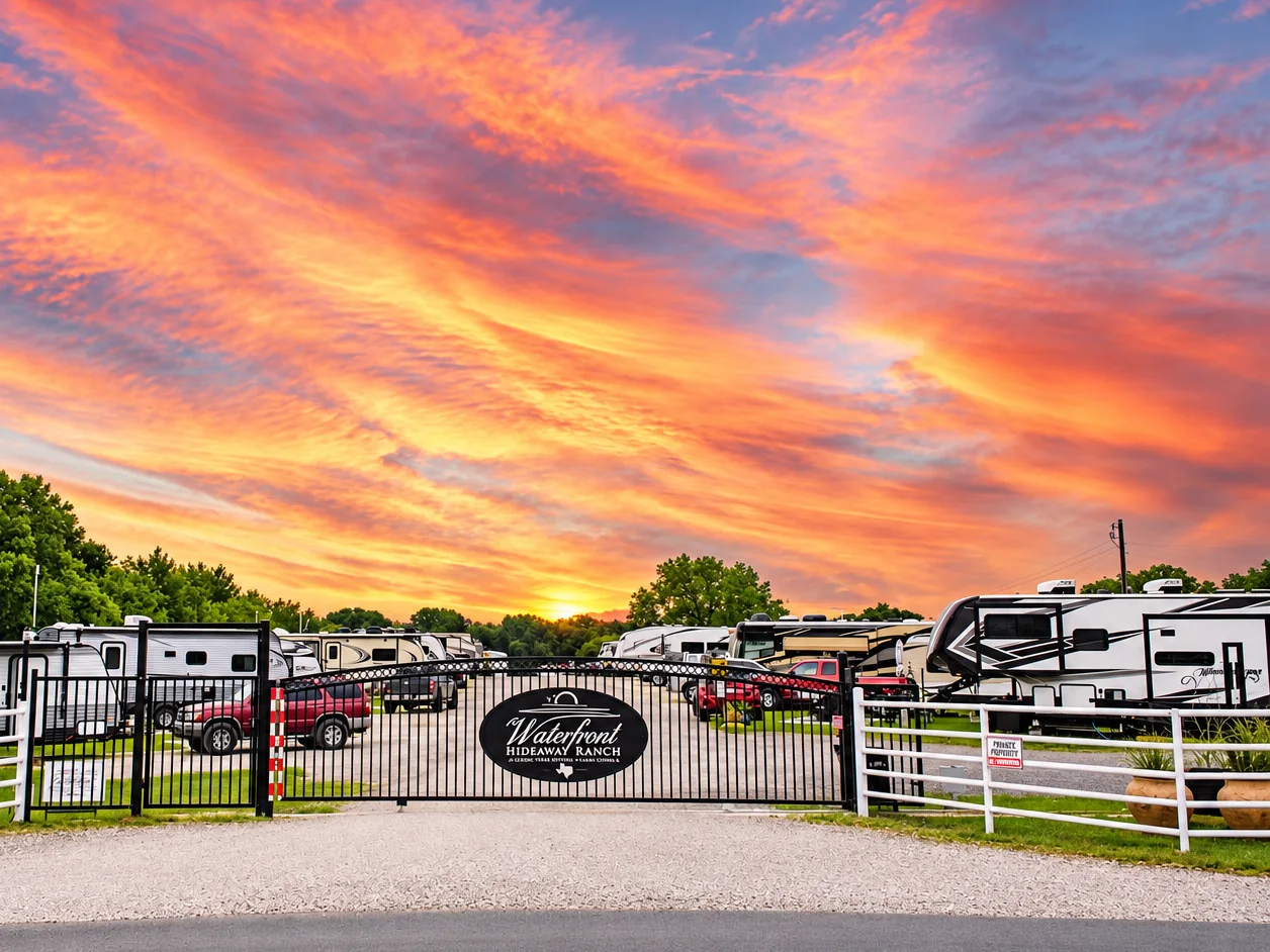 The gated entrance to Waterfront Hideaway Ranch at sunset, with RVs parked beyond the sign