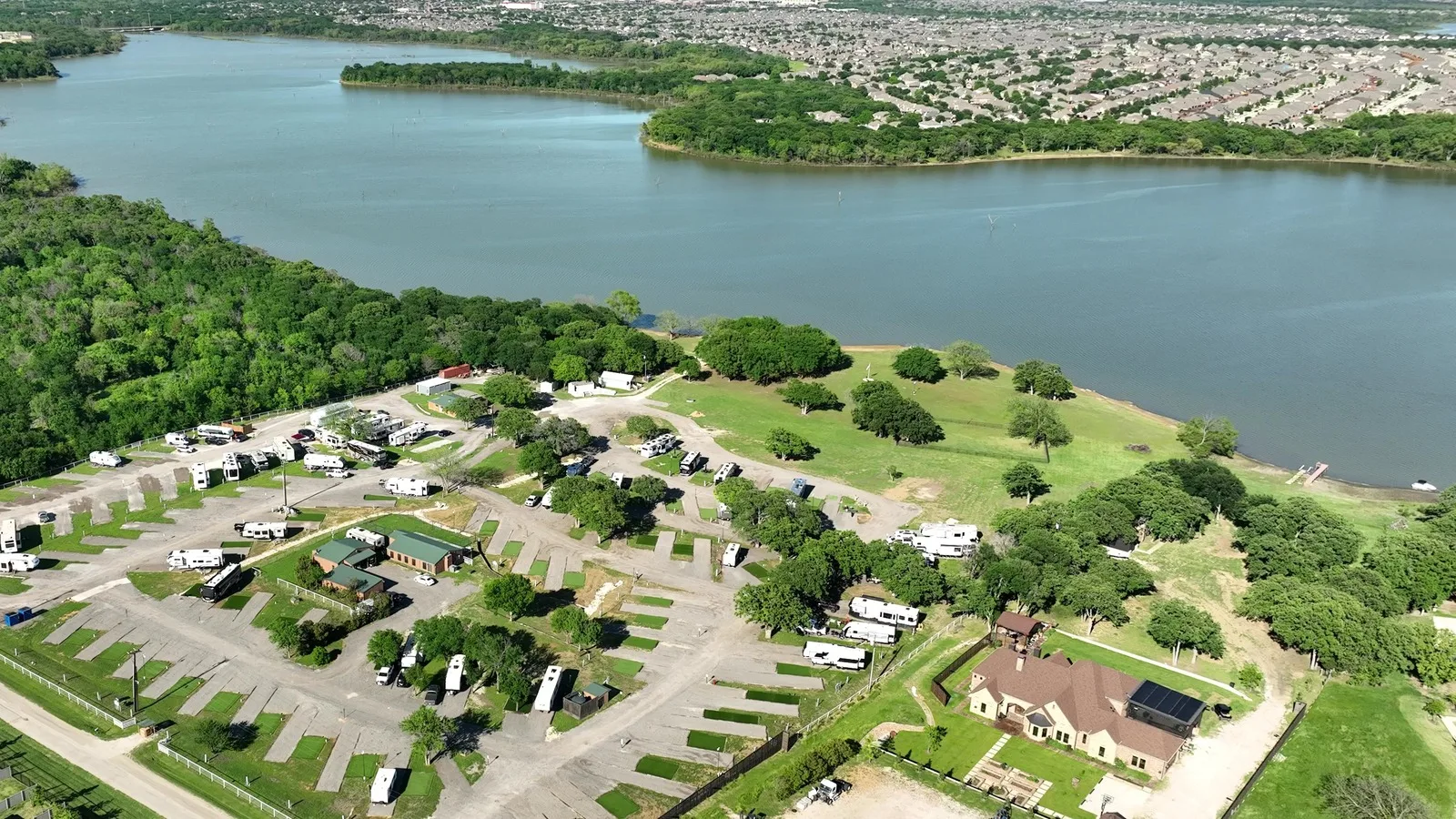 Waterfront Hideaway Ranch from the air, with Lake Lewisville behind