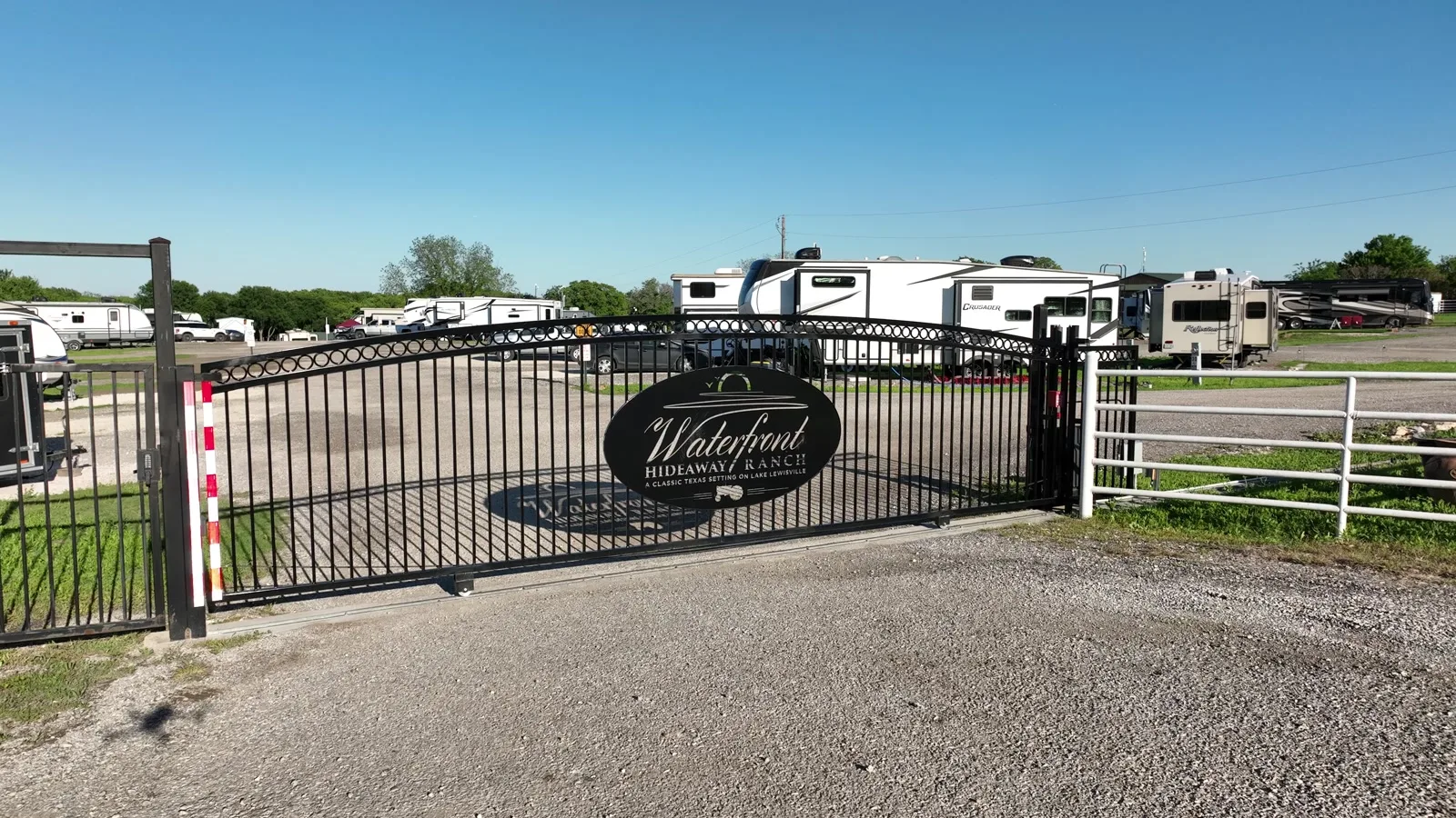 The gated entrance to Waterfront Hideaway Ranch