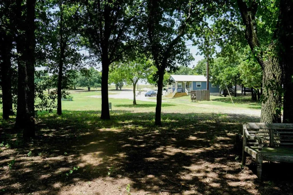 Aerial view of Waterfront Hideaway Ranch on the north shore of Lake Lewisville, one of the RV parks near Frisco, Texas