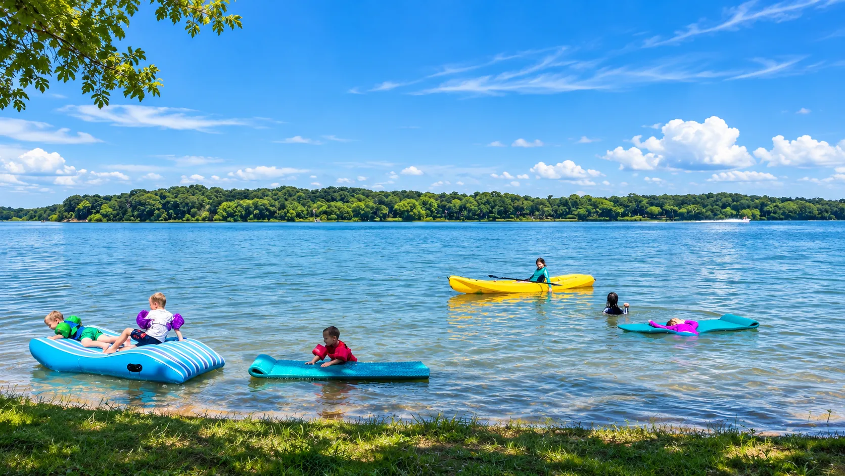 A kayak on the private shoreline at Waterfront Hideaway Ranch, ten minutes from the nearest Lake Lewisville boat ramps