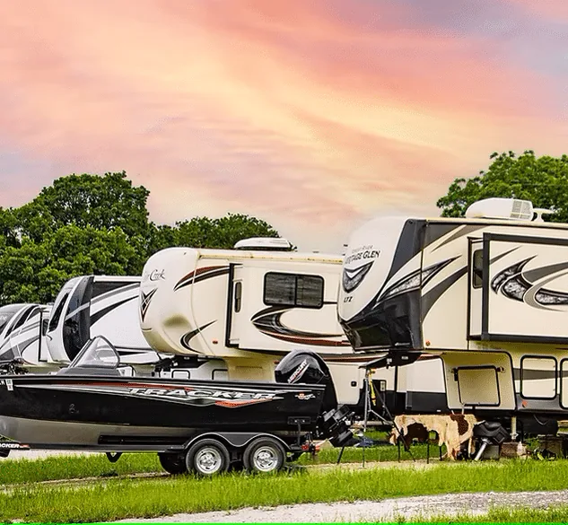 Rigs parked with room for a boat trailer alongside at Waterfront Hideaway Ranch