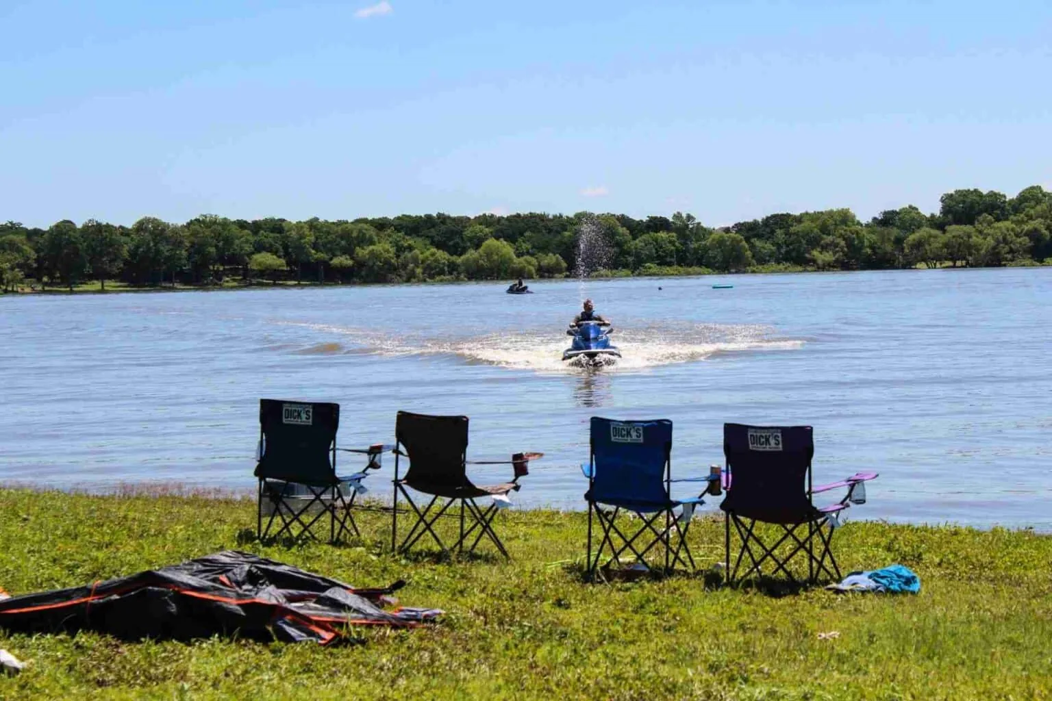 Camp chairs on the private shoreline